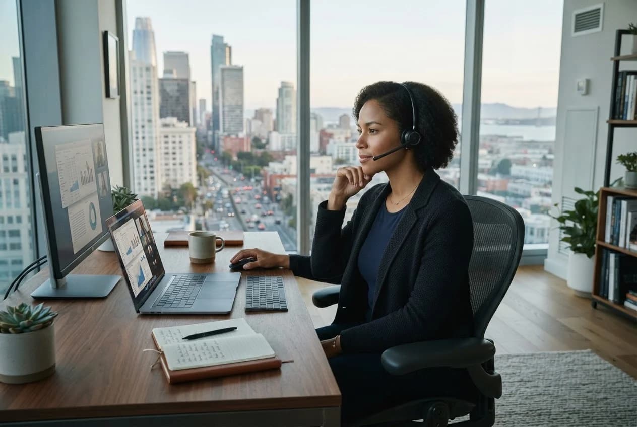 Professional on call in modern high-rise office
